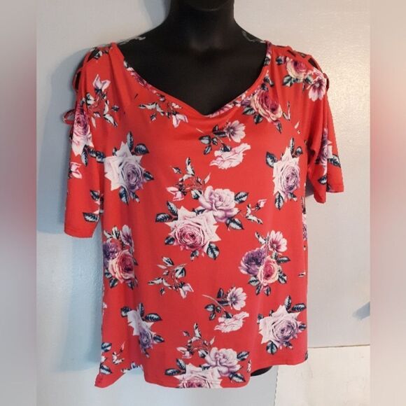 Tops - Loralette red floral open shoulder blouse